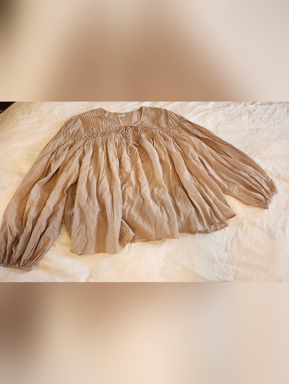 Bila Tan Smocked Yoke Peasant Blouse